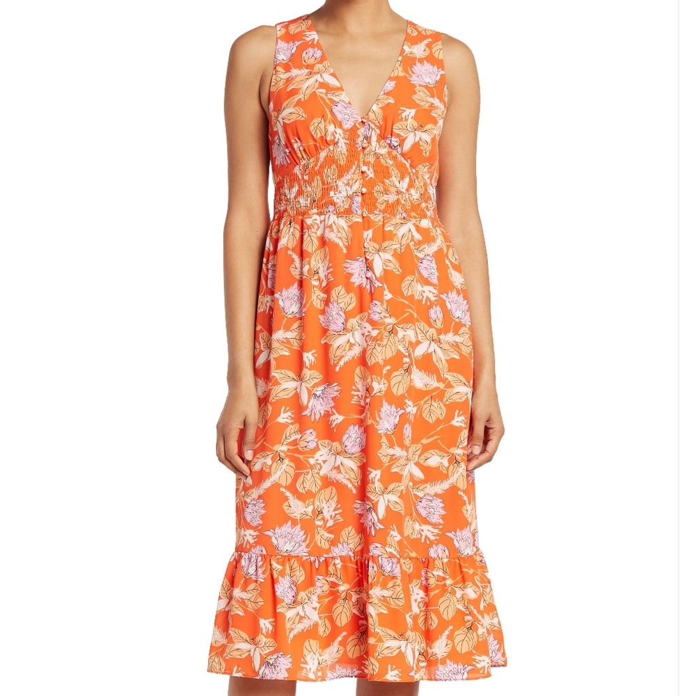 Collective Concepts Smocked Floral Print Midi Dress